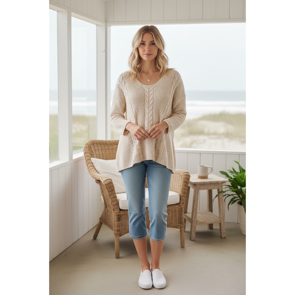 Fisherman‎ Urban Day Sweater Womens Size L Beige Cable Knit Pullover Scoop Neck